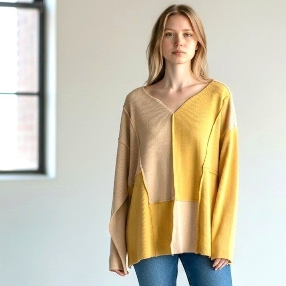Easel Colorblock Patchwork Top Women Large Tan Yellow Rib Knit Raw Hem Artsy NWT